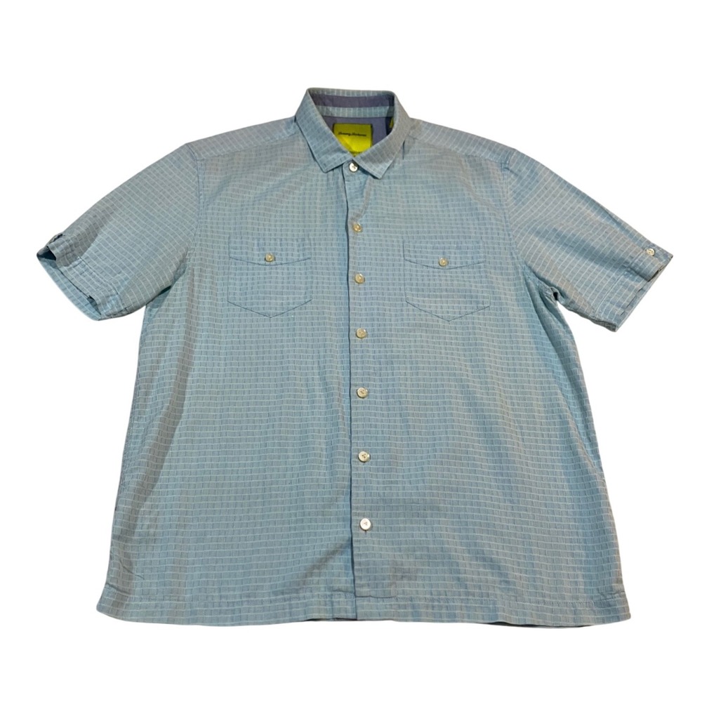 Tommy Bahama Mens L Island Modern Fit Blue Silk Blend Check Button Down Shirt